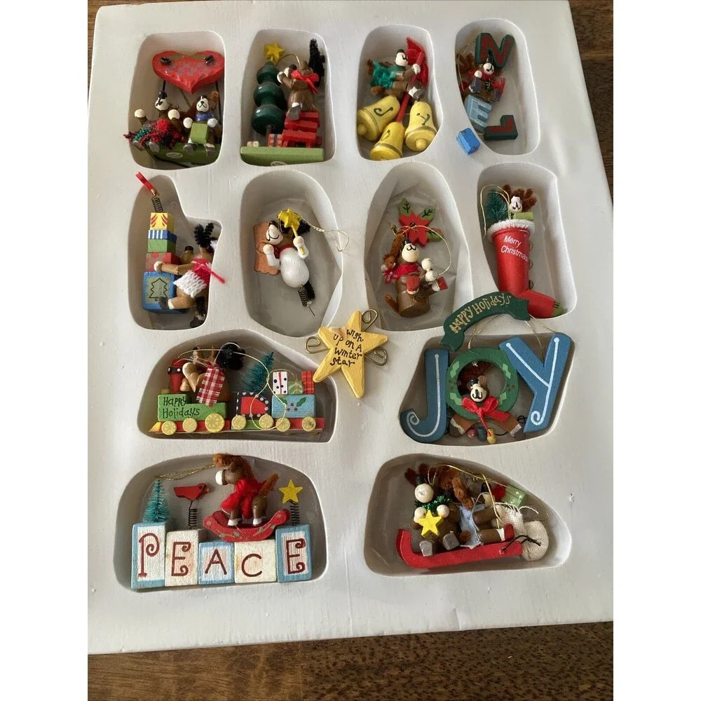 12 Vintage Painted Wooden MOOSE THEMED Christmas Ornaments Bottle Brush Animals